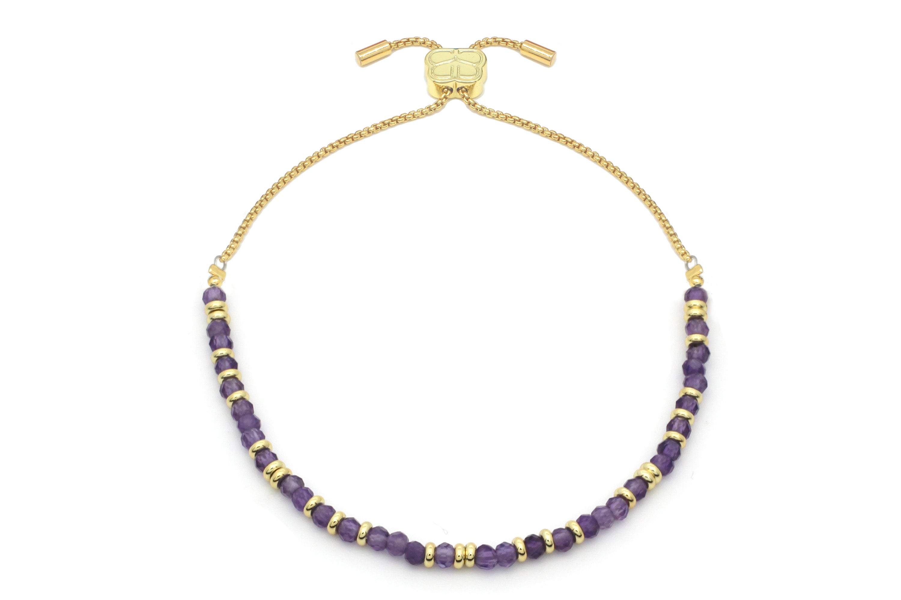 Mystical Amethyst Gold Bracelet featuring faceted purple amethyst gemstones, gold-plated accents, and an adjustable slider chain.