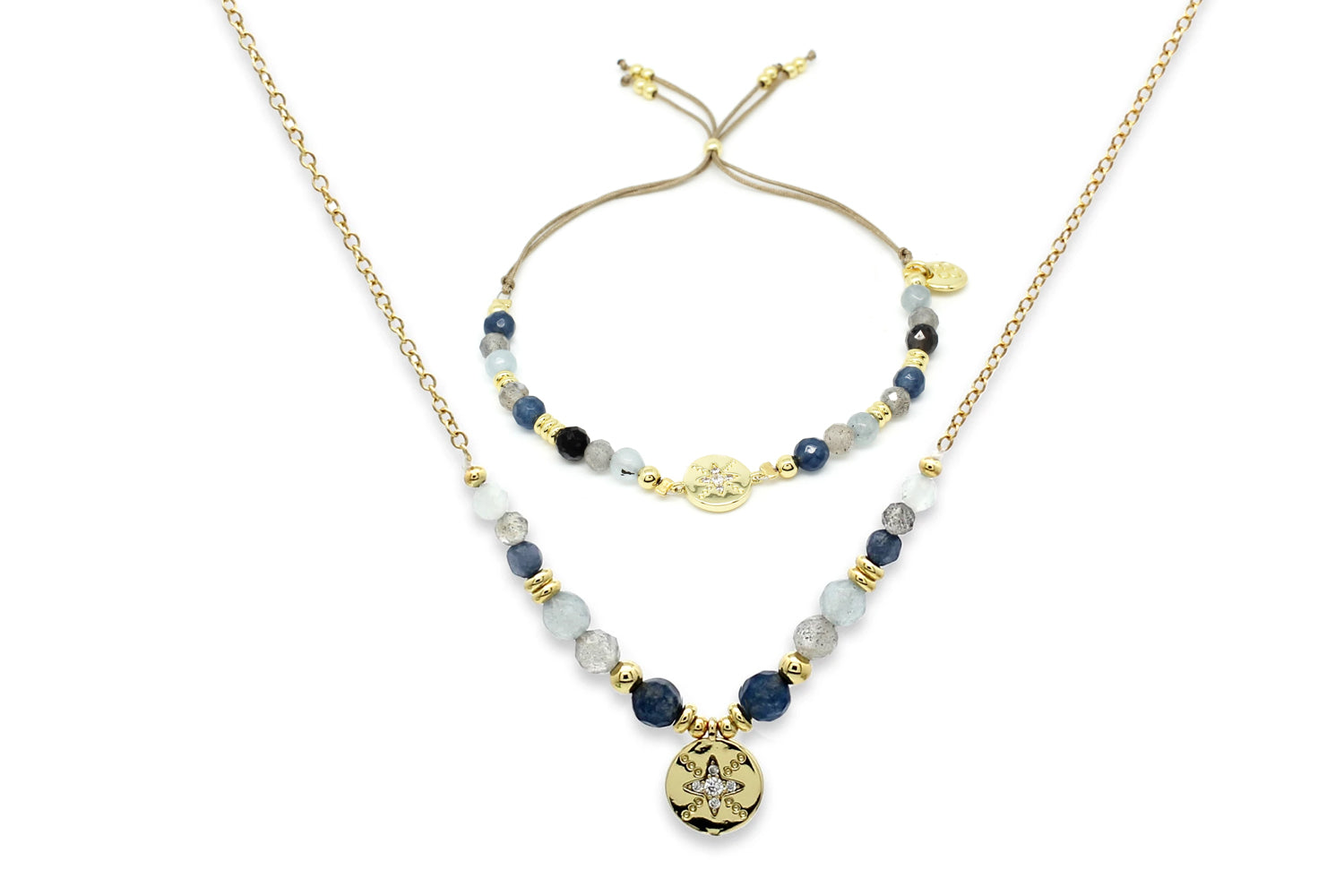Denim Star Burst Beaded Necklace and Bracelet Set - Boho Betty