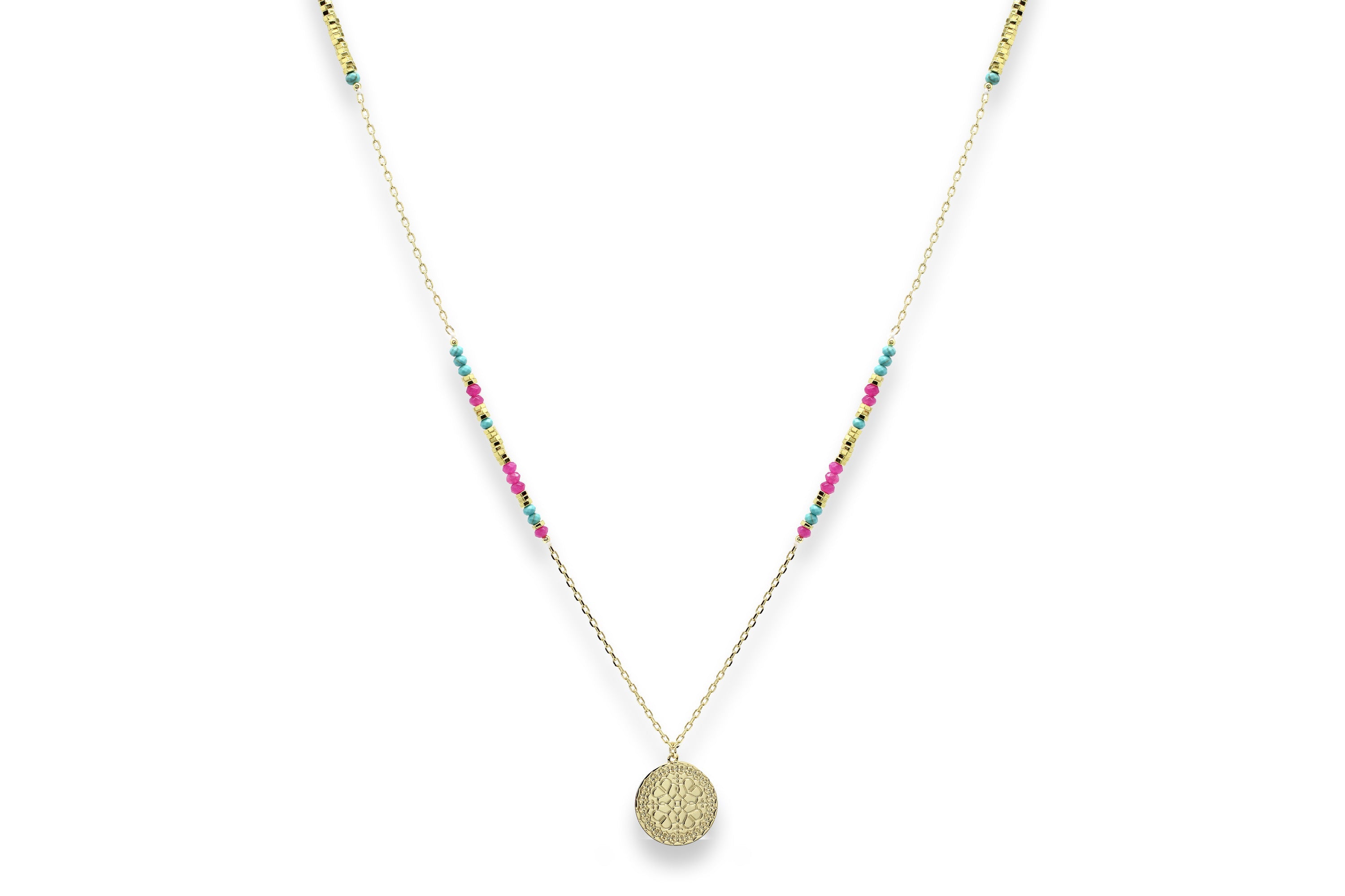 Nemty Turquoise & Pink Long Pendant Necklace - Boho Betty