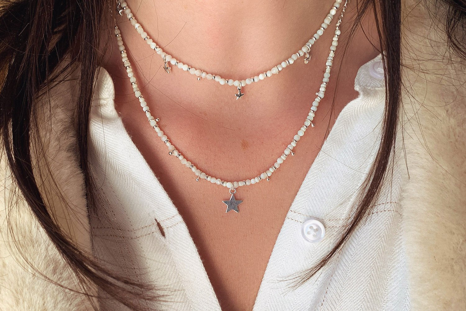 Anhur Pearl & Star Charm Silver Necklace - Boho Betty