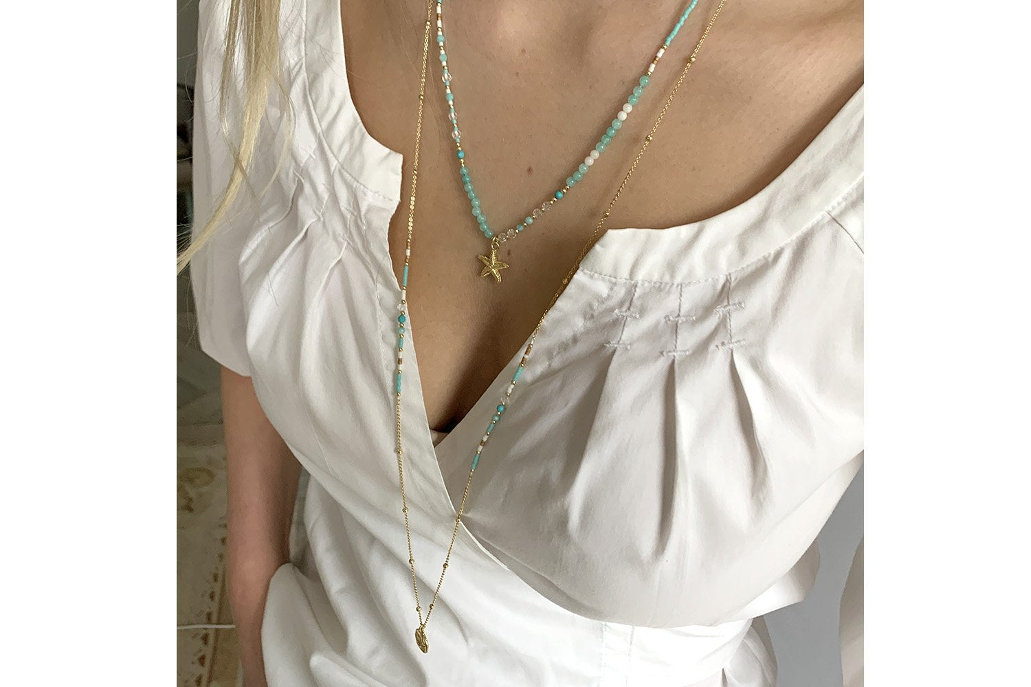 Jarina Aqua & Gold Beaded Necklace - Boho Betty