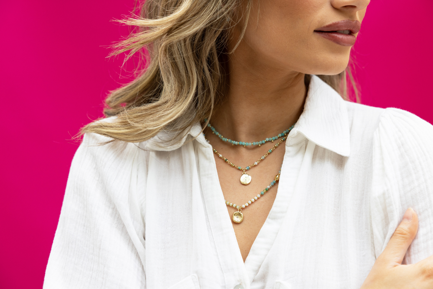 Salus Amazonite Gold Necklace styled with warm, boho-inspired jewellery for a calm, soulful everyday look.