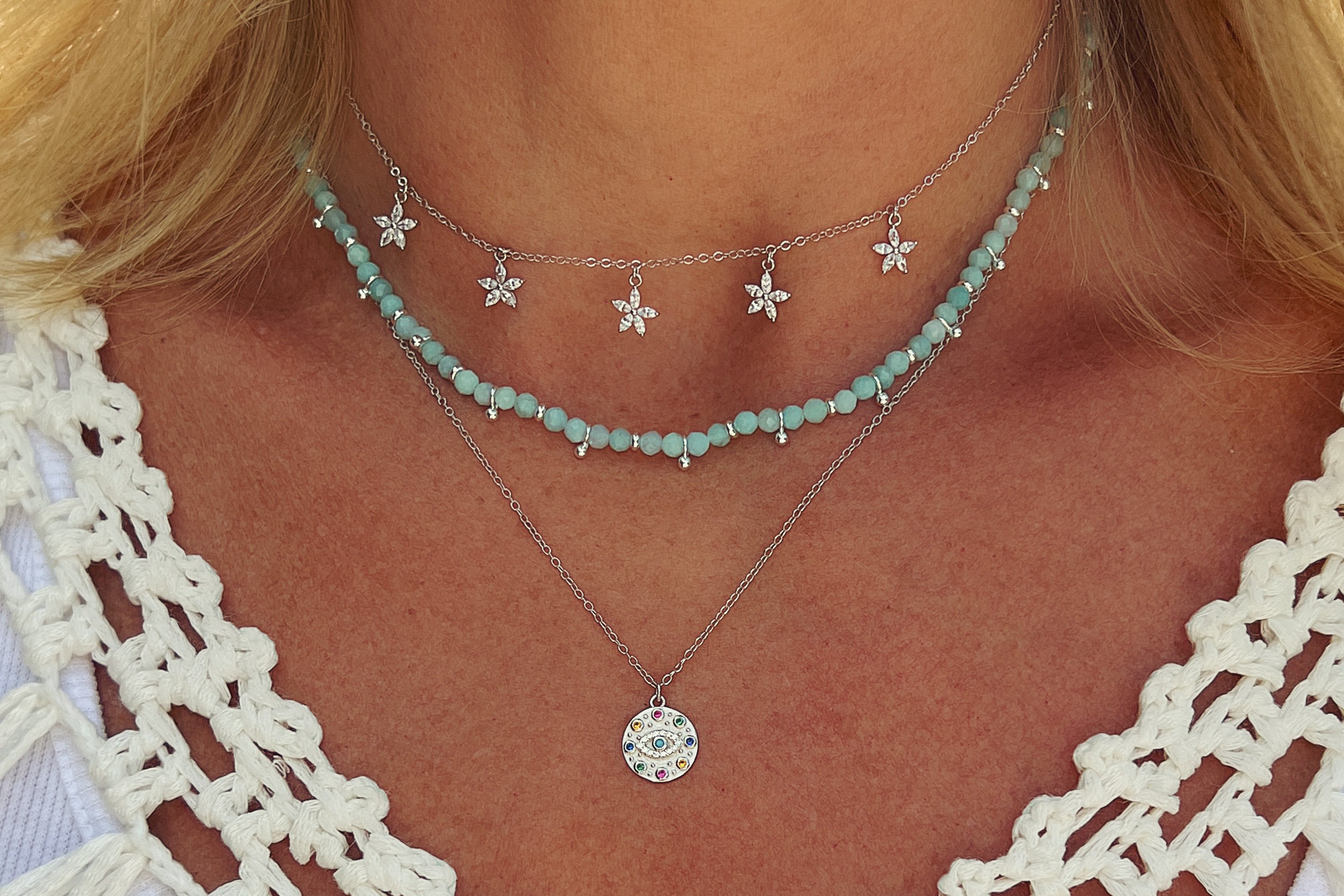 Salus Amazonite Gemstone Necklace styled with soft silver jewellery for a calm, ocean-inspired boho look.