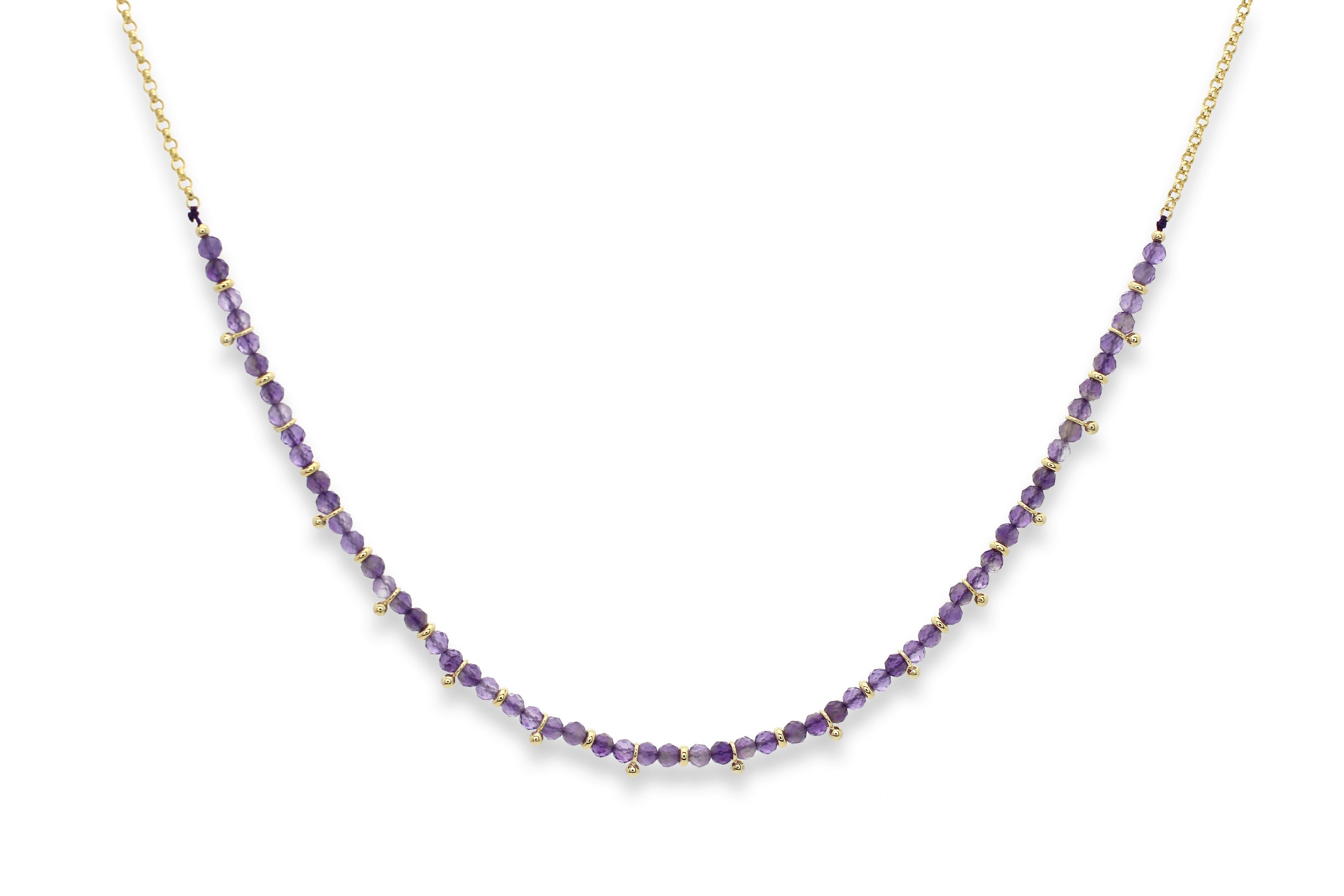 Salus Amethyst Gold Necklace featuring deep purple gemstone beads, 12k gold-plated accents, and an adjustable chain.
