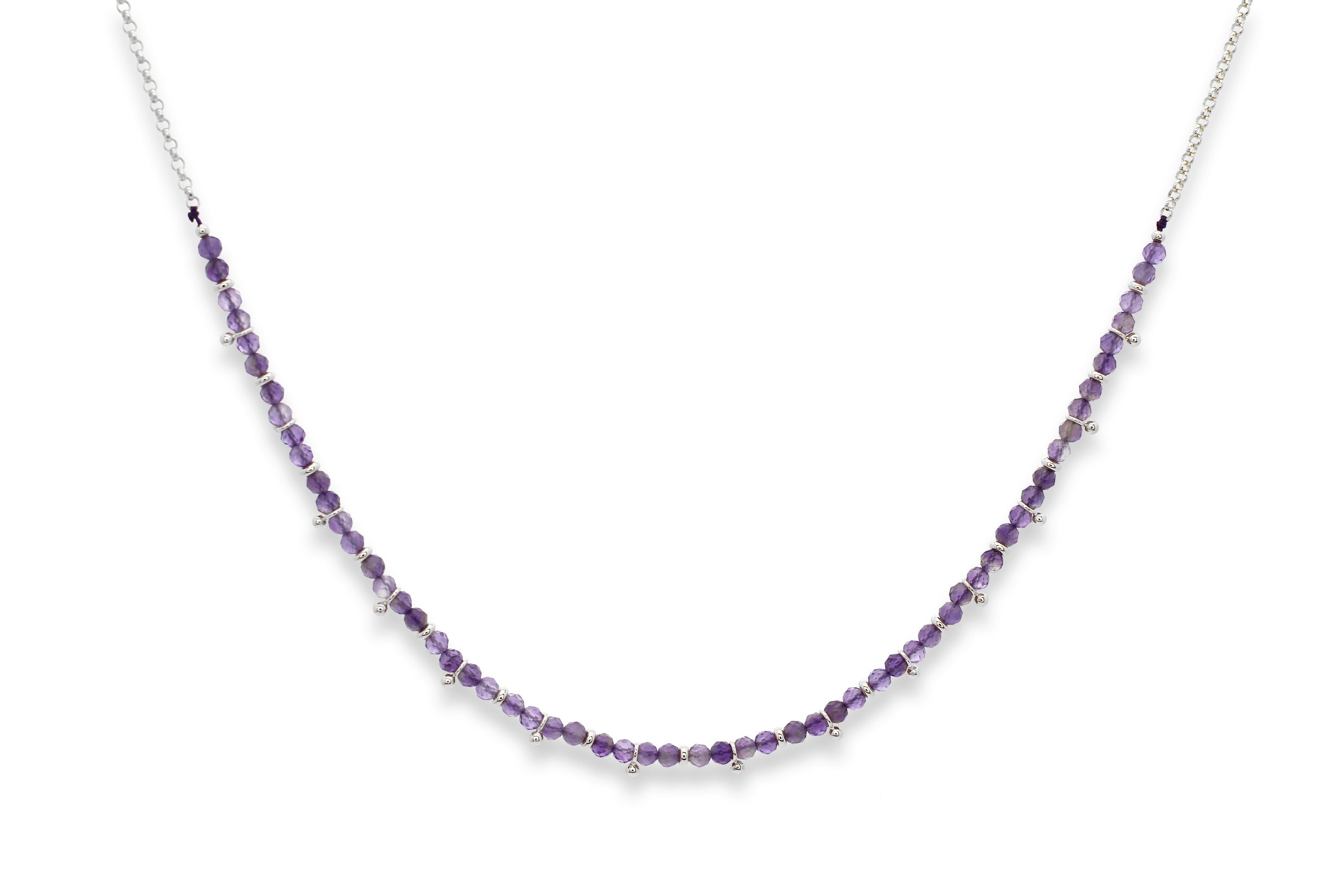 Salus Amethyst Silver Necklace featuring violet amethyst gemstone beads, silver aura accents, and an adjustable chain.