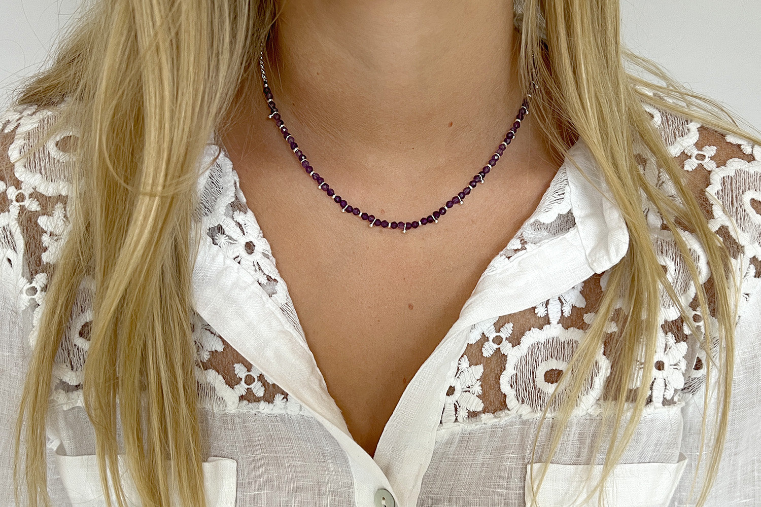 Amethyst Silver Necklace styled with a soft, intuitive look for peaceful, spiritual everyday wear.