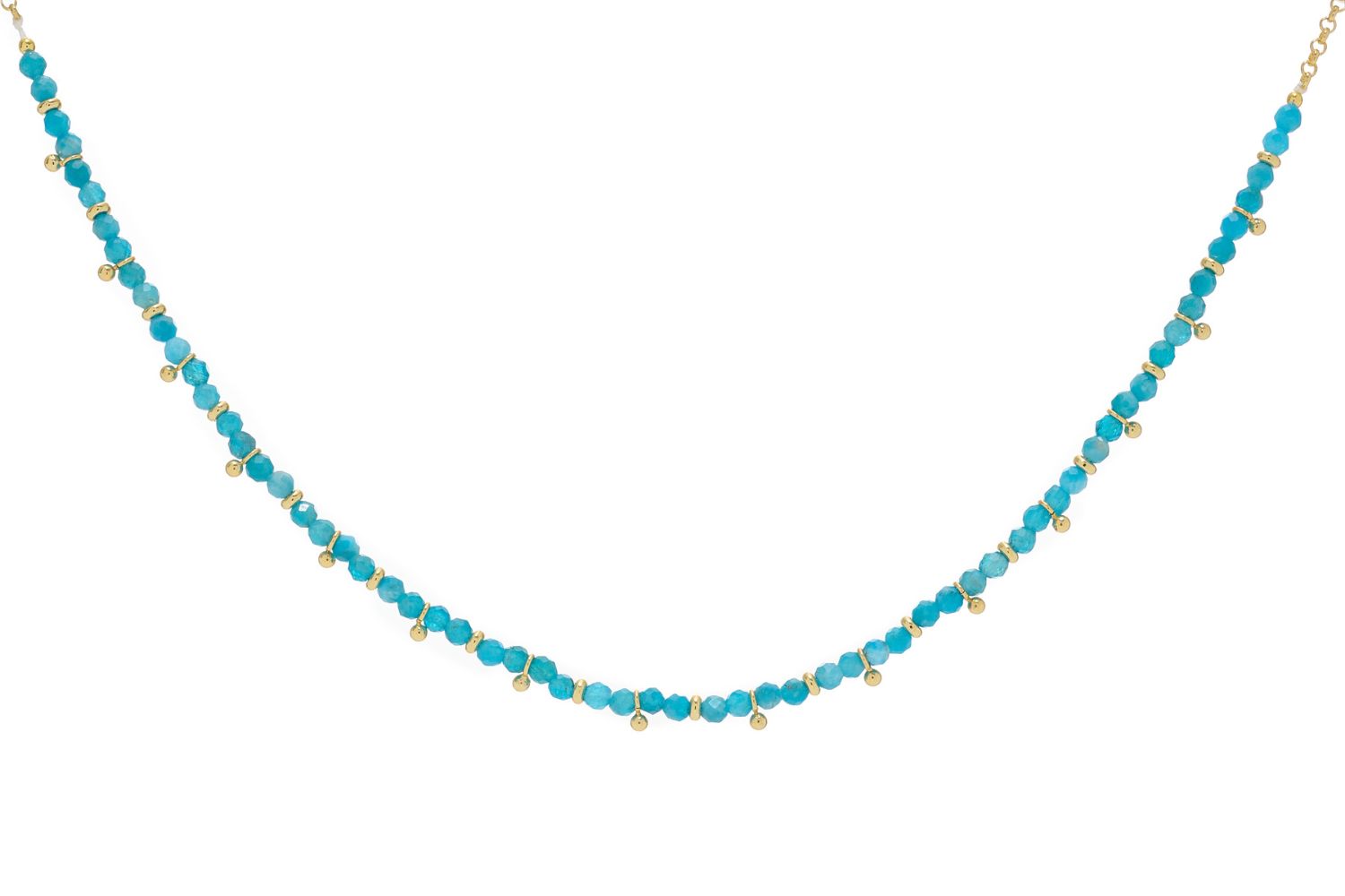 Salus Apatite Gold Necklace with ocean-blue apatite gemstones, gold-plated accents, and a 17-inch adjustable chain.