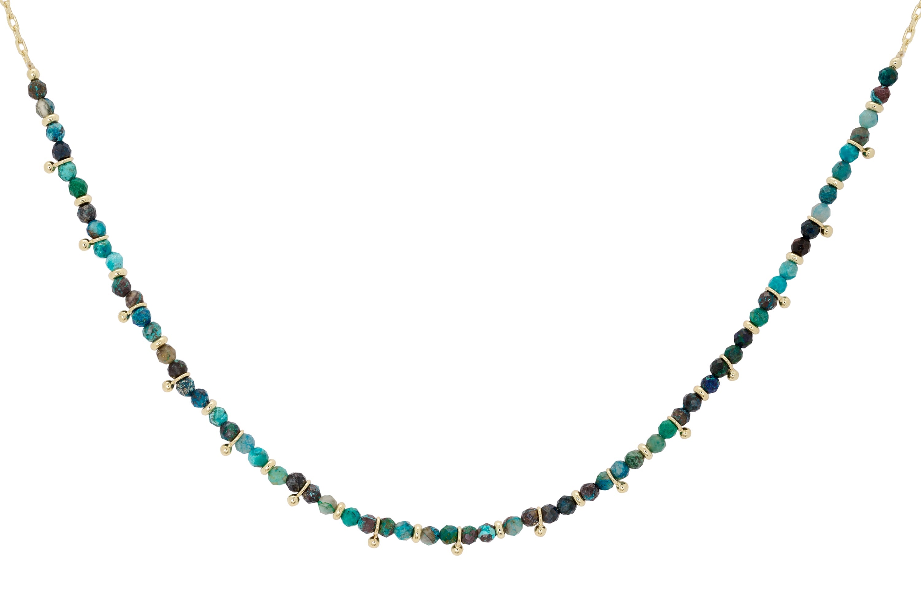 Salus Azurite Gold Necklace featuring teal and turquoise azurite beads with gold-plated accents and adjustable chain.