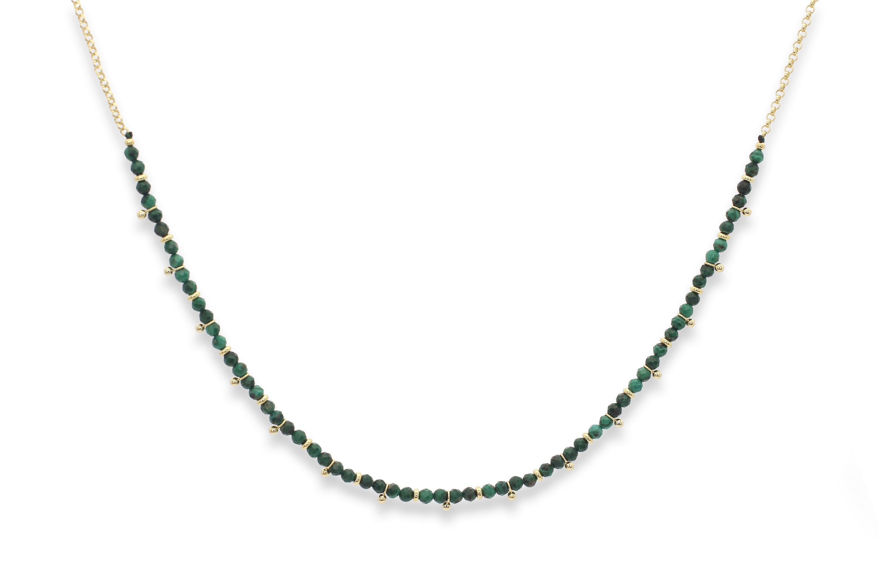 Salus Malachite Gold Necklace featuring deep green malachite beads with gold-plated accents and adjustable chain.