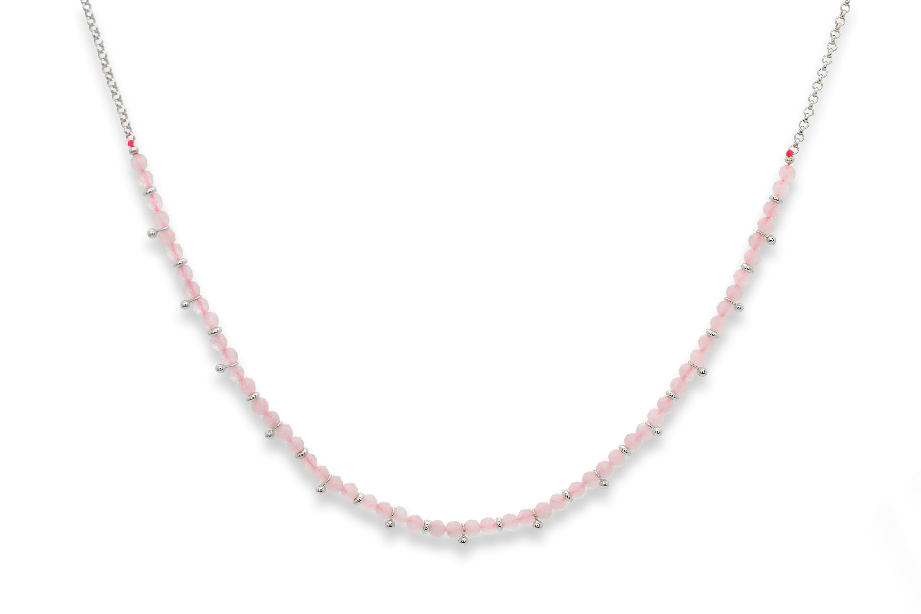 Salus Rose Quartz Necklace with soft pink gemstone beads, silver aura accents, and an adjustable silver clasp.