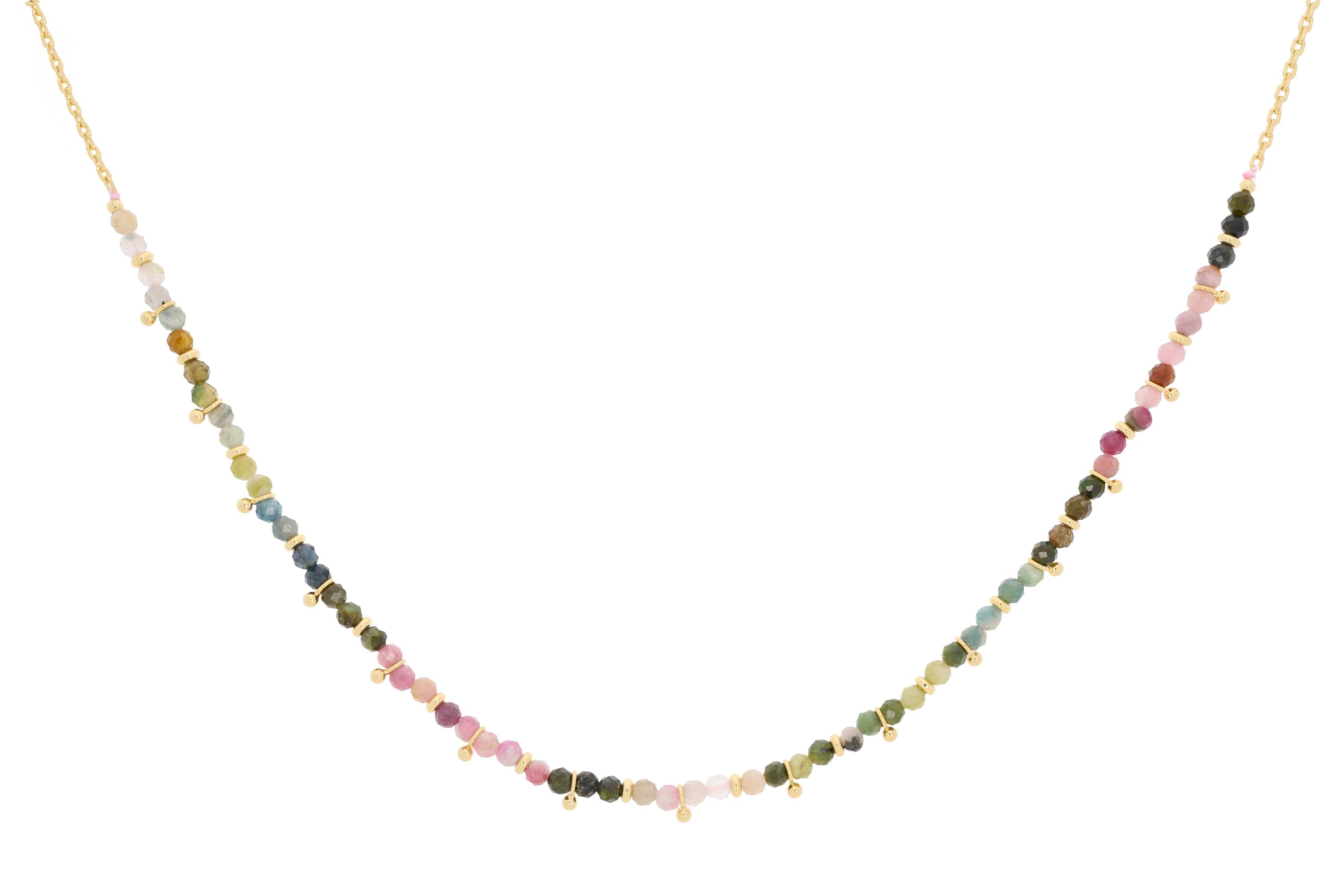 Salus Tourmaline Gold Necklace featuring multicoloured natural tourmaline beads, gold accent beads, and a lobster clasp with adjustable chain.