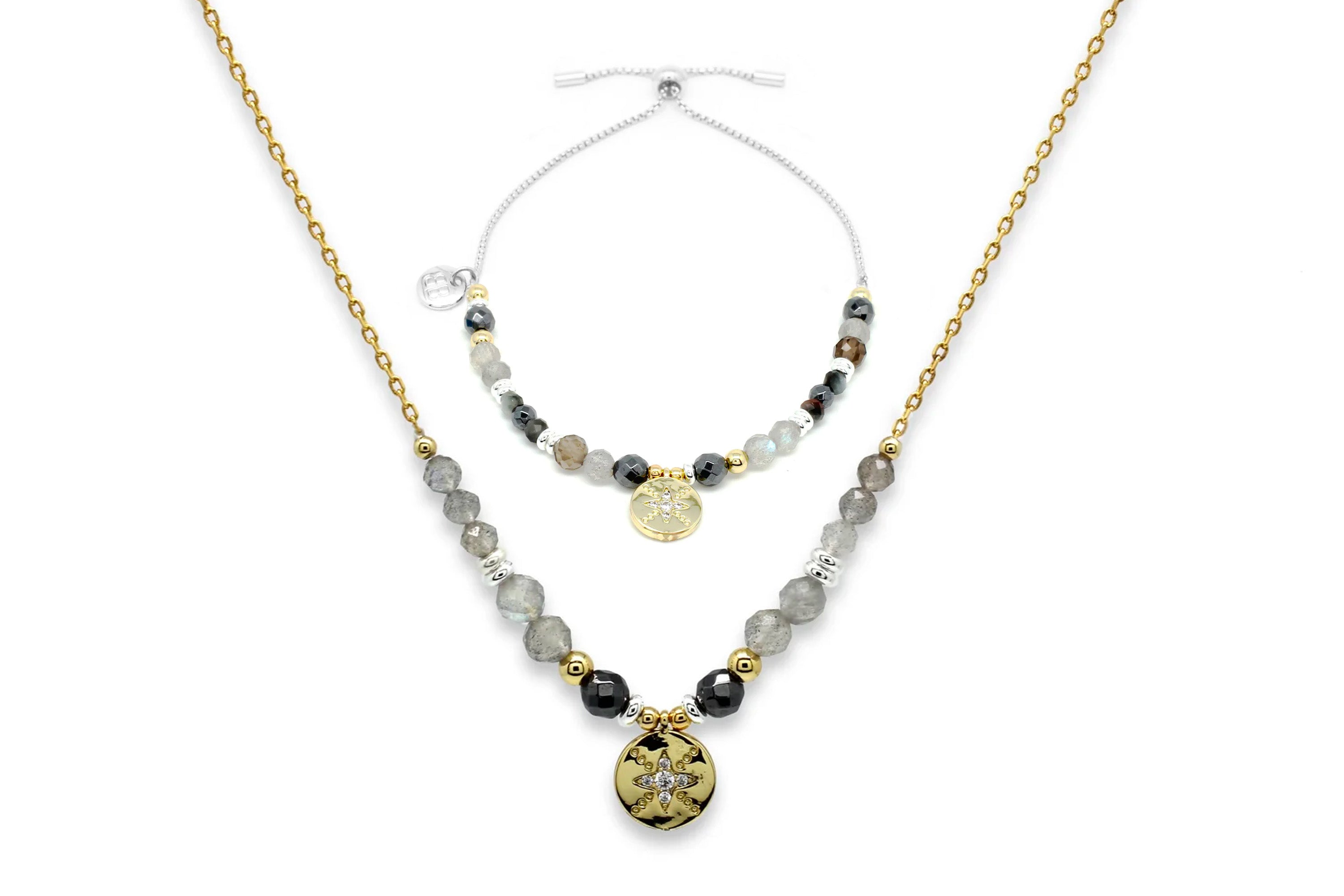 Grey Starburst Beaded Necklace & Bracelet Set - Boho Betty