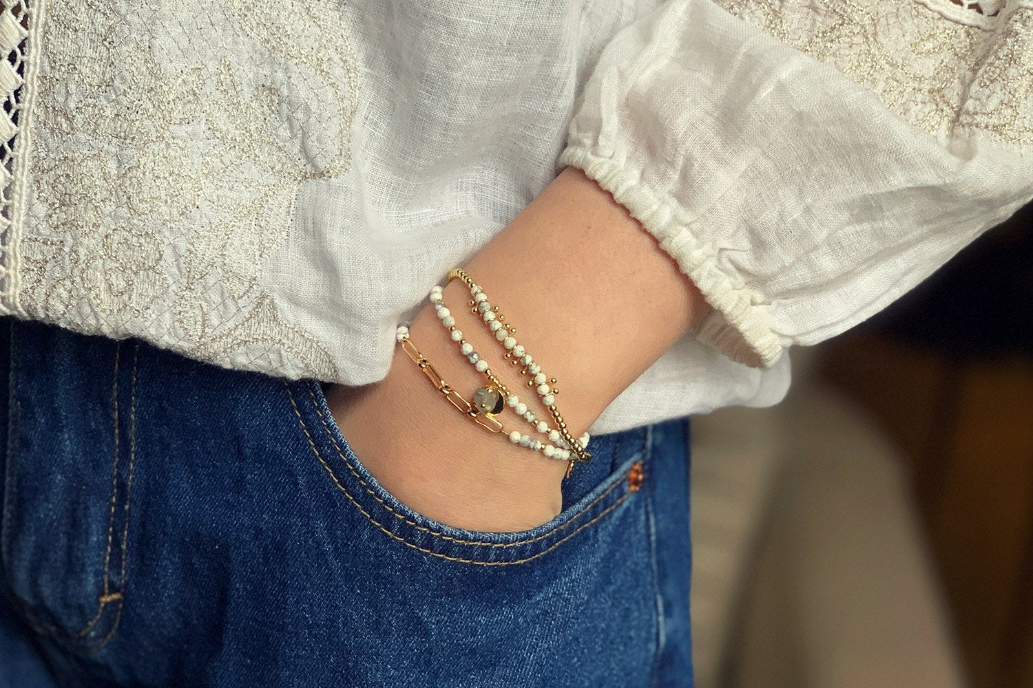 Inverness 3 White & Gold Layered Bracelet Stack - Boho Betty