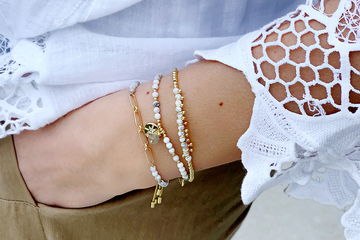 Inverness 3 White & Gold Layered Bracelet Stack - Boho Betty