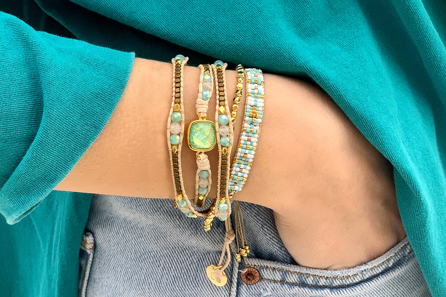 Zagreb 3 Layered Silver & Aqua Bracelet Stack - Boho Betty