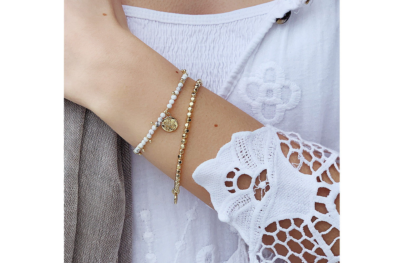 Agadir 2 White & Gold Layered Bracelet Stack - Boho Betty