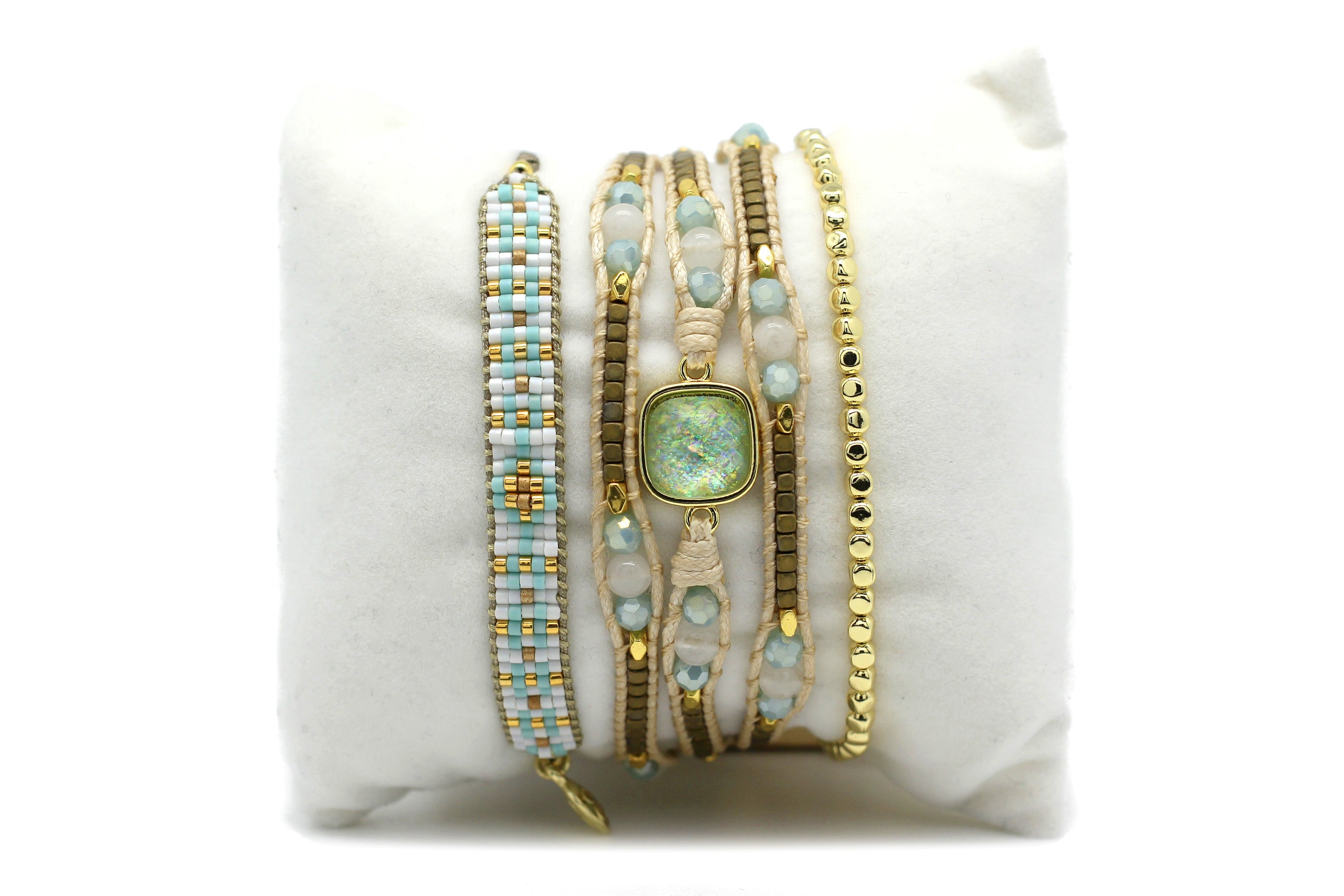 Zagreb 3 Layered Gold & Aqua Bracelet Stack - Boho Betty