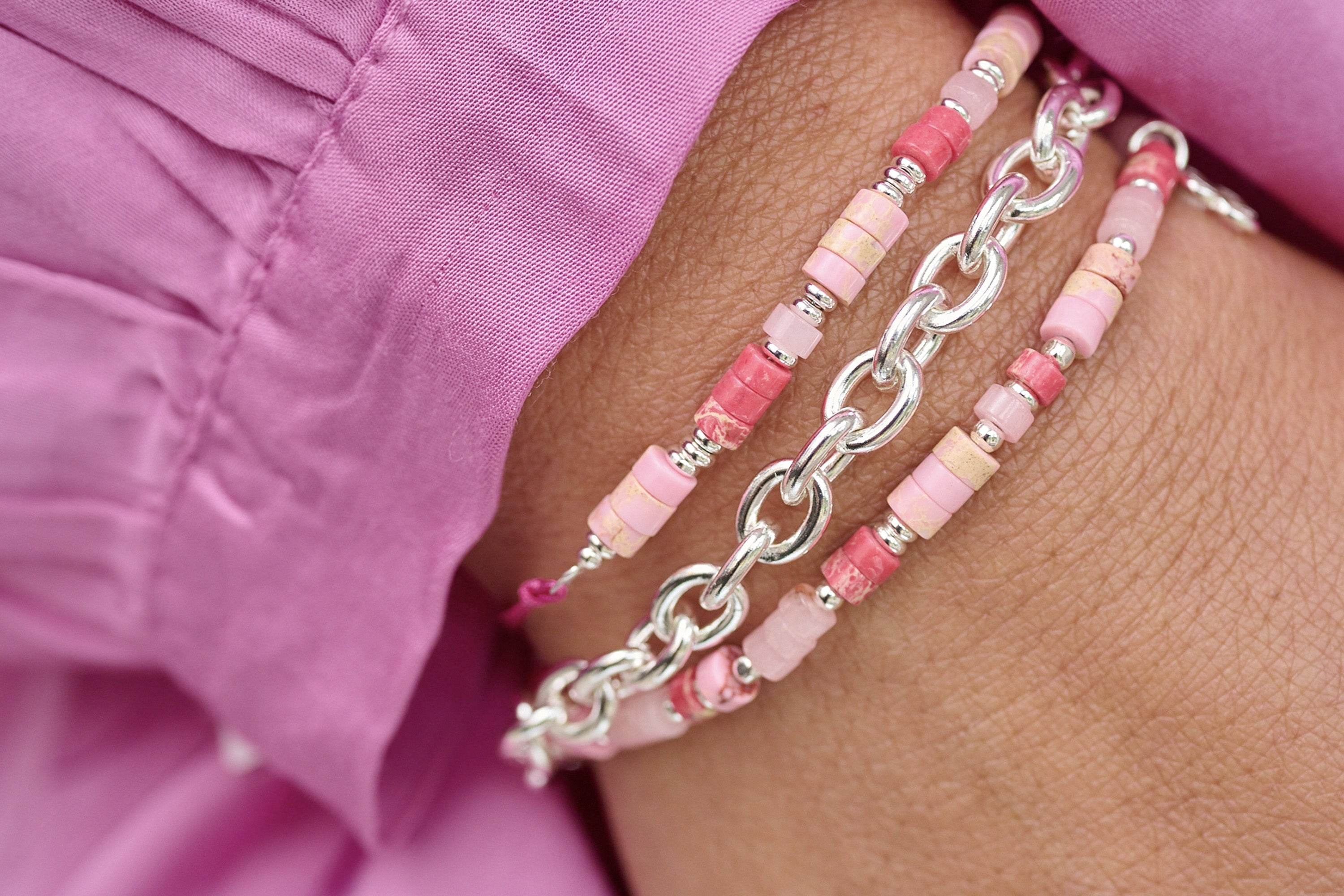 Breeze Pink Silver Gemstone Bracelet - Boho Betty