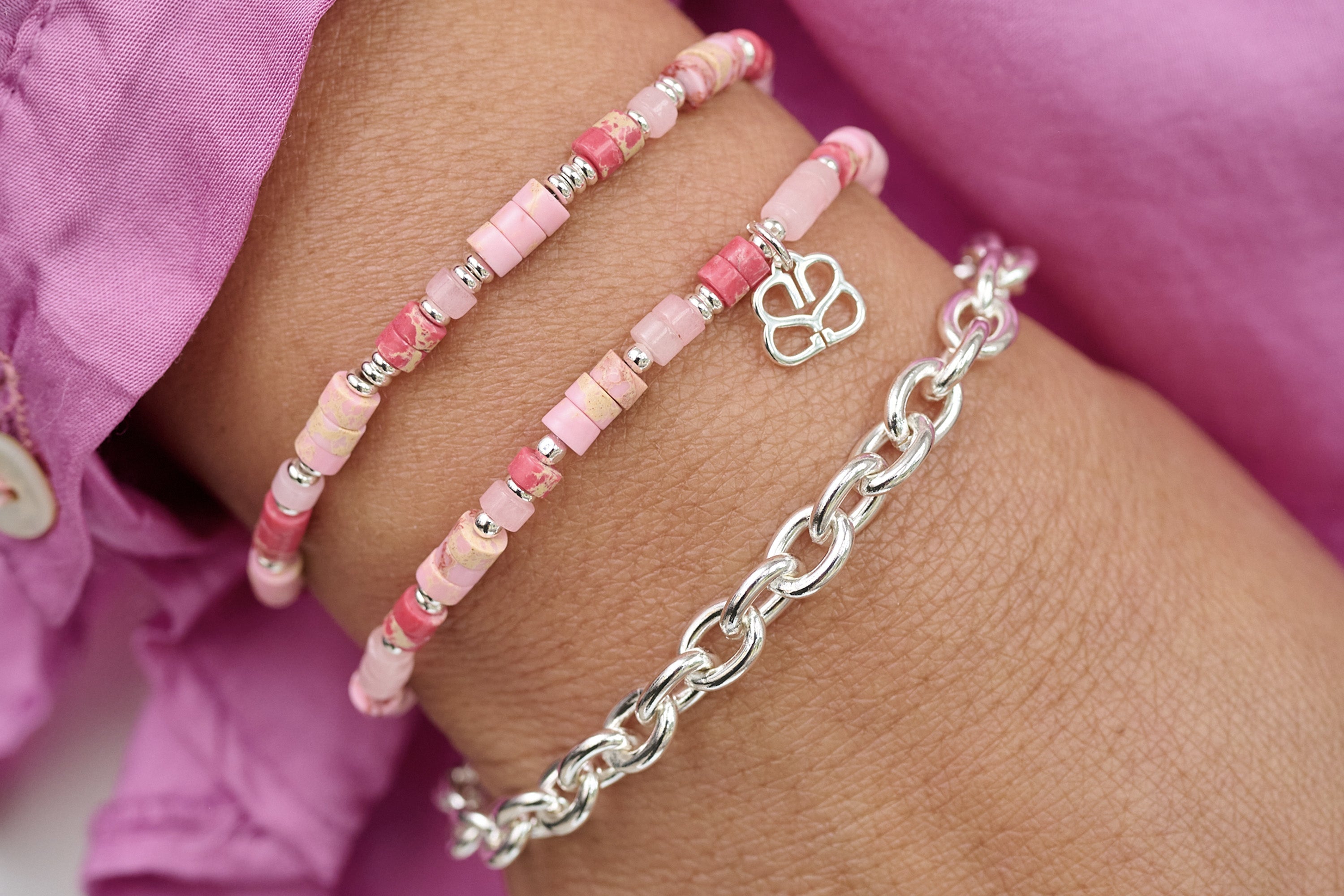 Breeze Pink Silver Gemstone Bracelet - Boho Betty