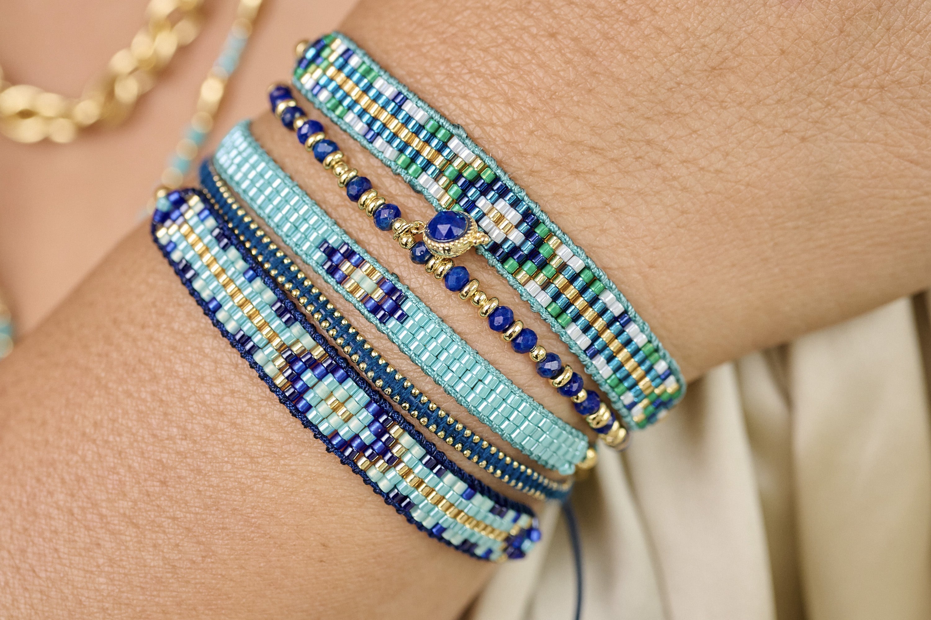 Euphonium Navy Pull Through Woven Gold Bracelet - Boho Betty