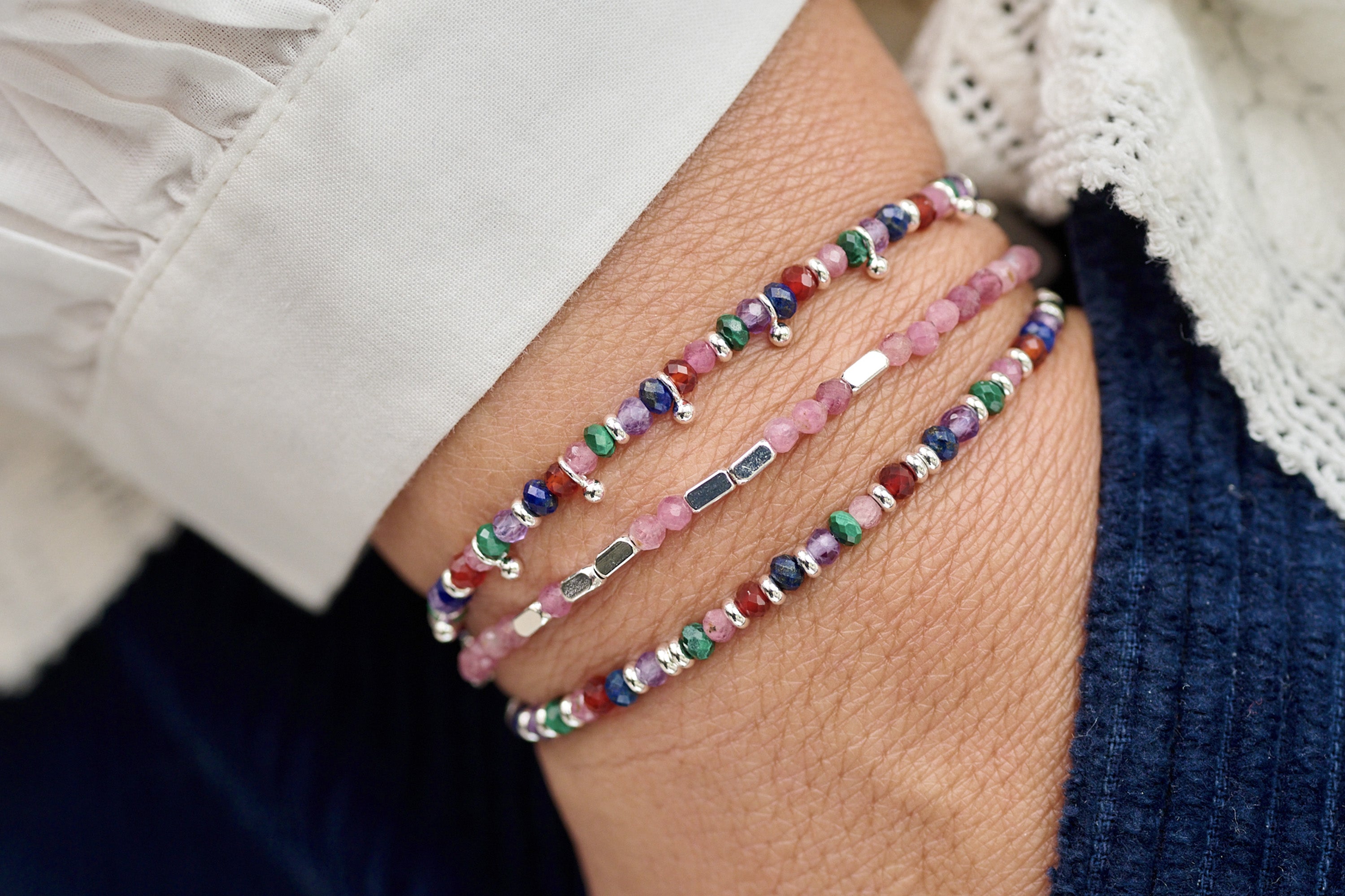 Harmony Bright Multi Gemstone Silver Bracelet - Boho Betty