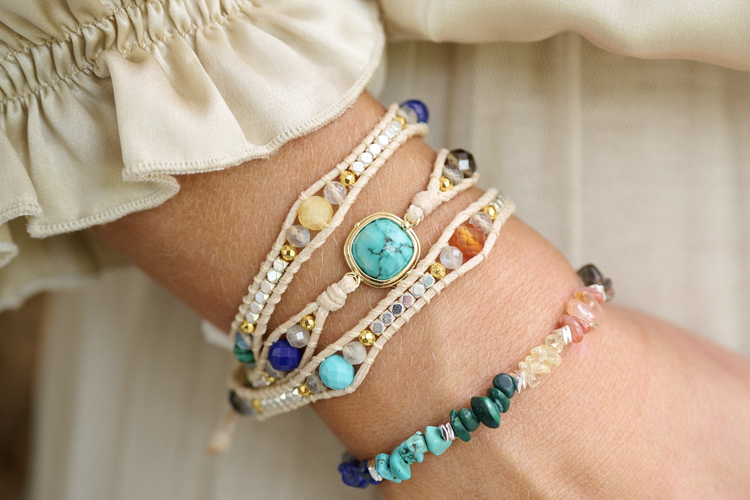 America Turquoise Mixed Gemstone 3 Wrap Bracelet - Boho Betty